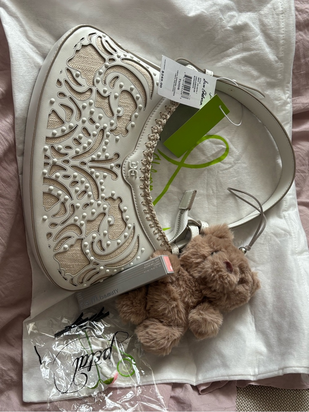 White Leather Shoulder Bag with Decorative Cutwork and Braided Trim - Picture 3 of 3